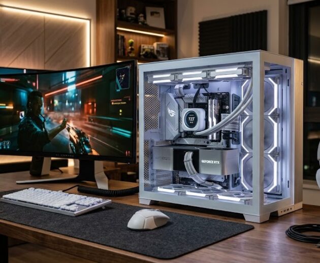 silver gaming PC setup
