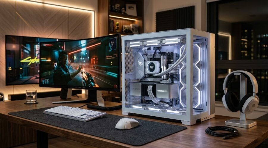 silver gaming PC setup