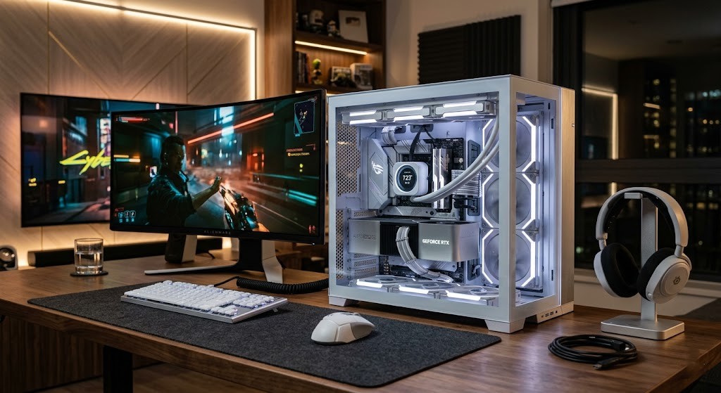 silver gaming PC setup