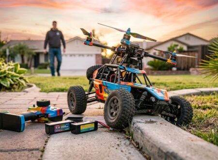 RC drone car toy with propellers and batteries outdoors