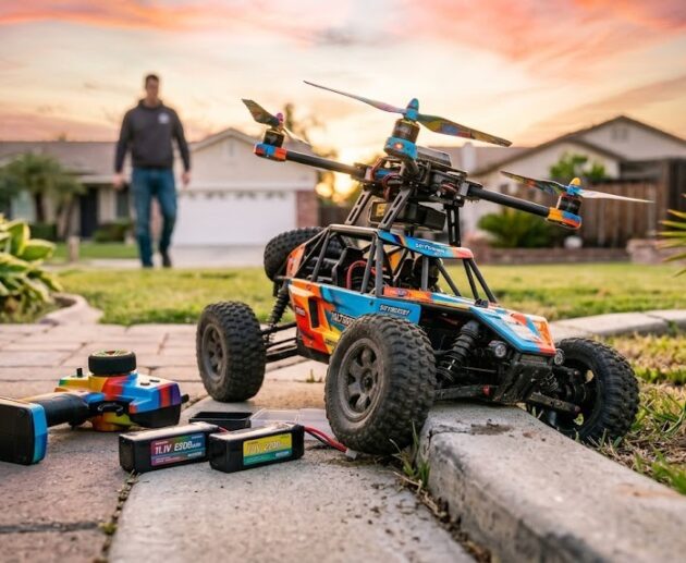 RC drone car toy with propellers and batteries outdoors