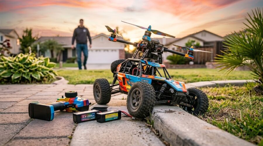 RC drone car toy with propellers and batteries outdoors