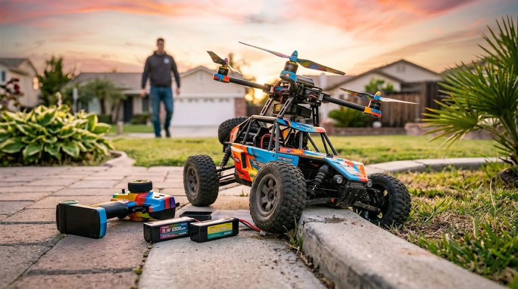 RC drone car toy with propellers and batteries outdoors